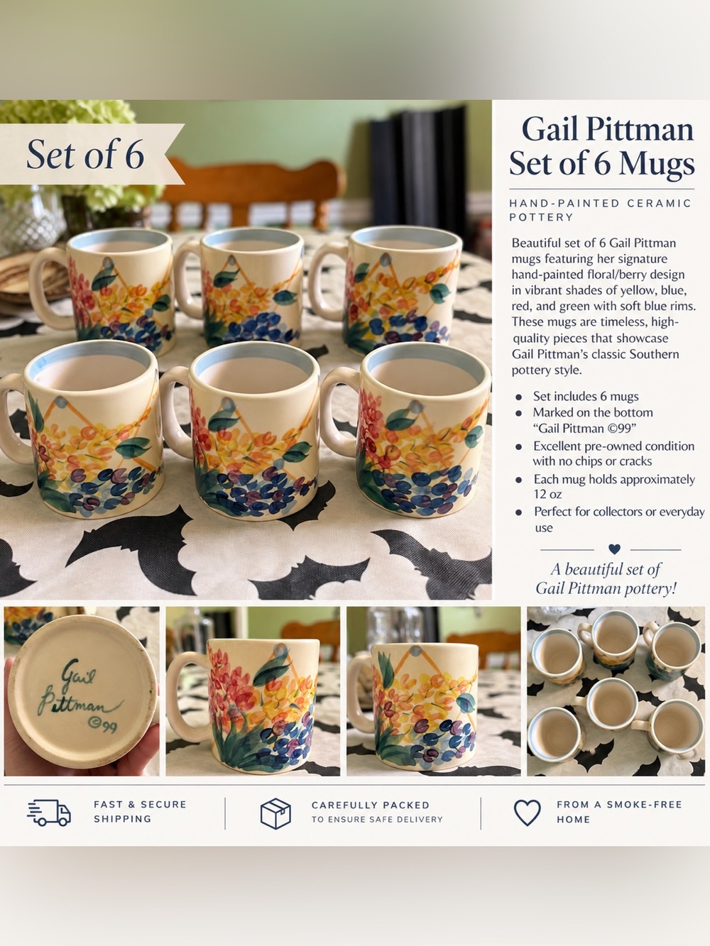 Gail Pittman Hand-Painted Floral Mugs Set of 6 - Multi